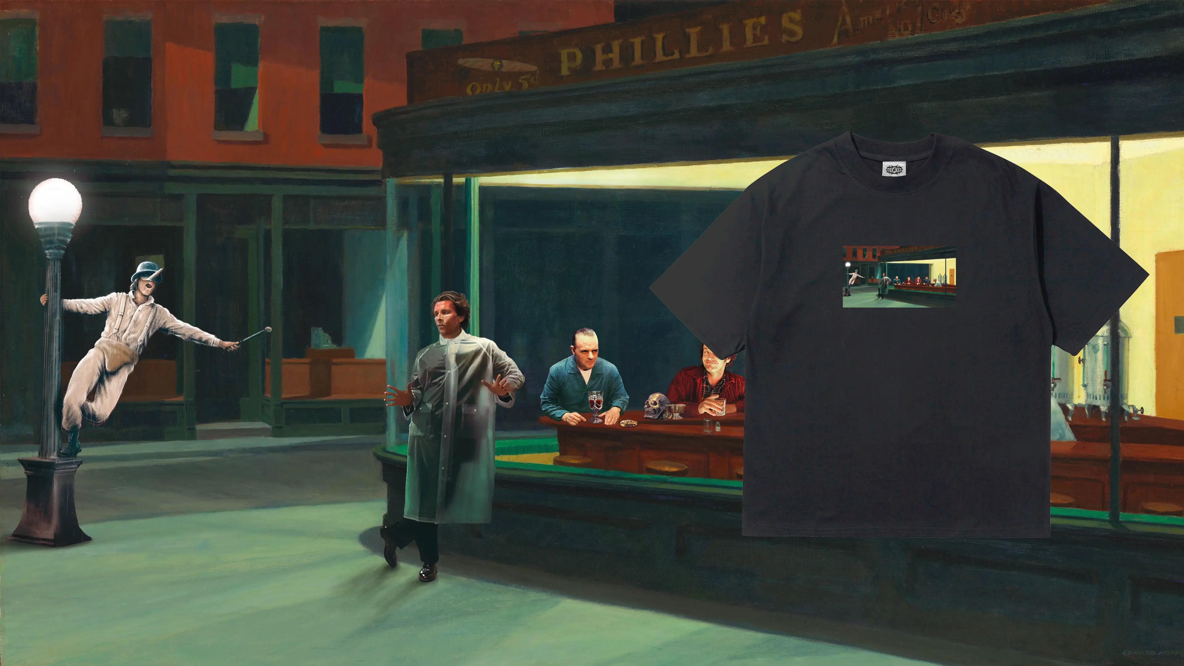 T-shirt inspired by famous psycho's in movies like Patrick Bateman, Hannibal Lecter, Tyler Durden, Johnny from the shining. Feauting front and back with a graphic design photo of psycho's in bar.isplayed against a scenic background.