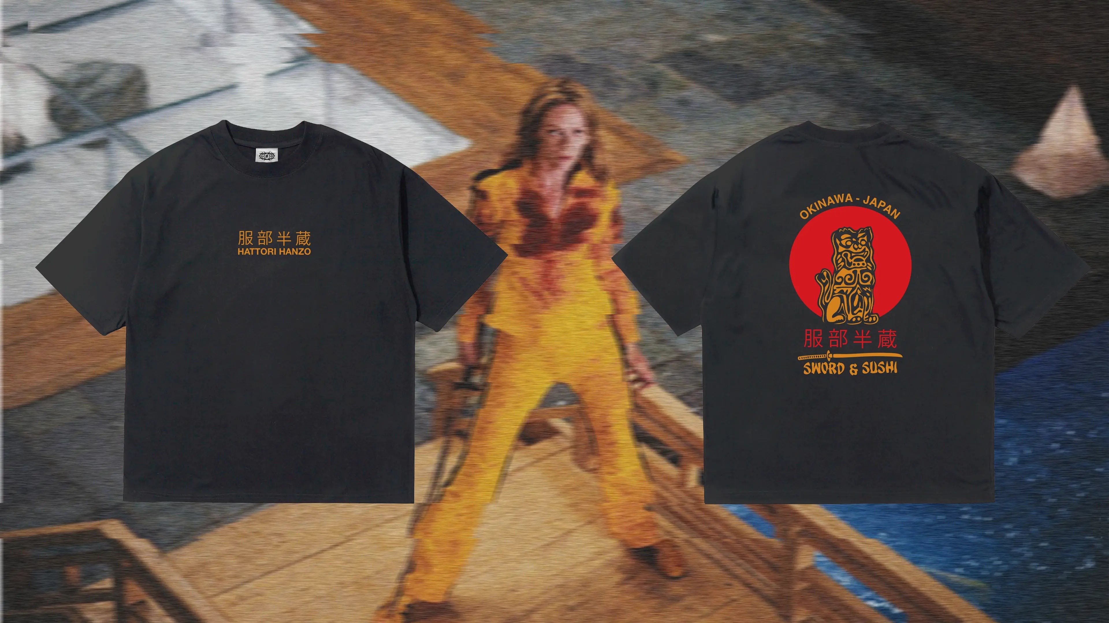Kill Bill Movie inspired T-shirt front and back with a graphic design and text featuring the Hattori Hanzo Logo and written name against a scenic background.