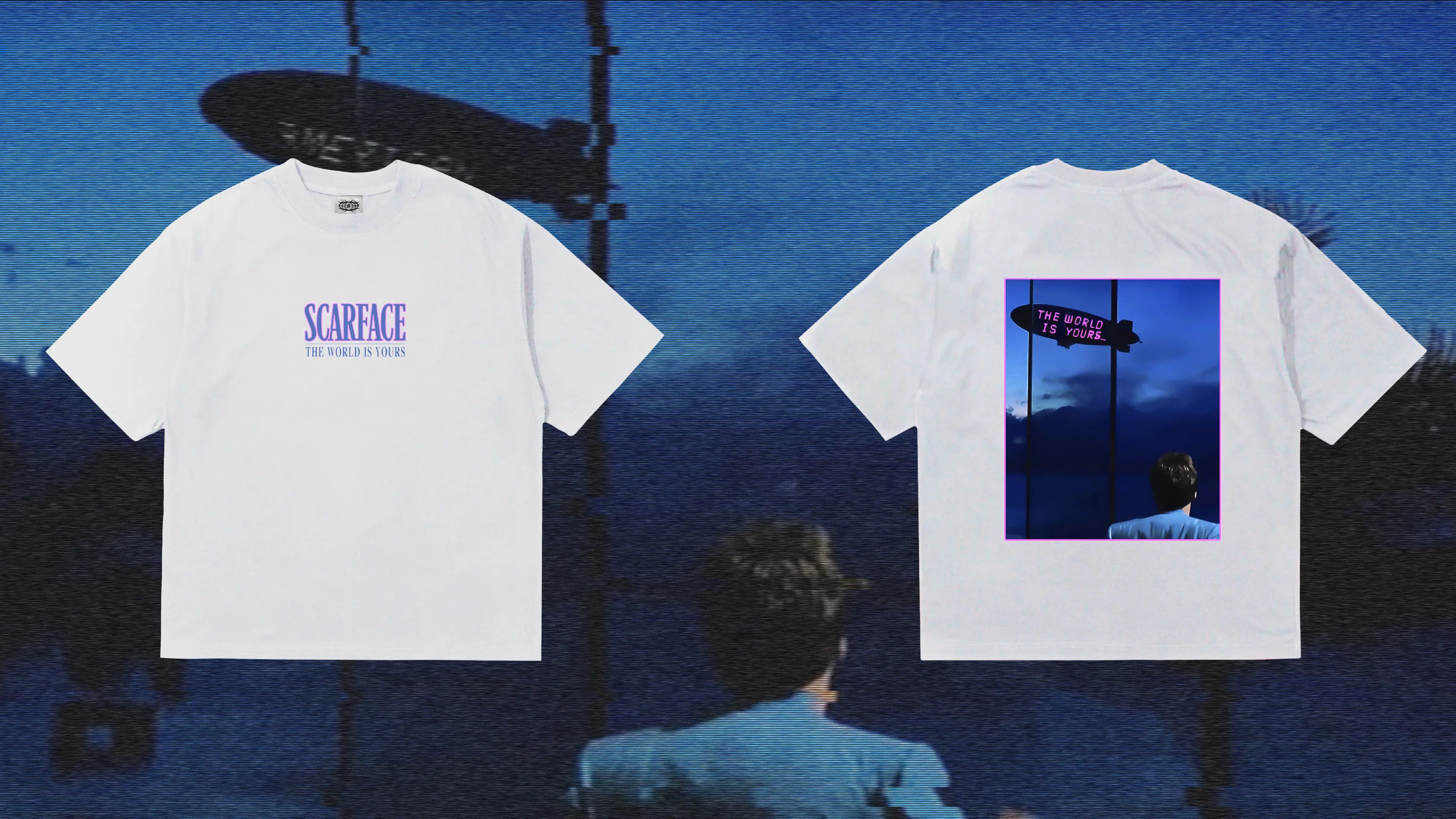 Scarface Movie  inspired T-shirts with a graphic design and text 'the world is yours" and the title of the film displayed against a scenic background.