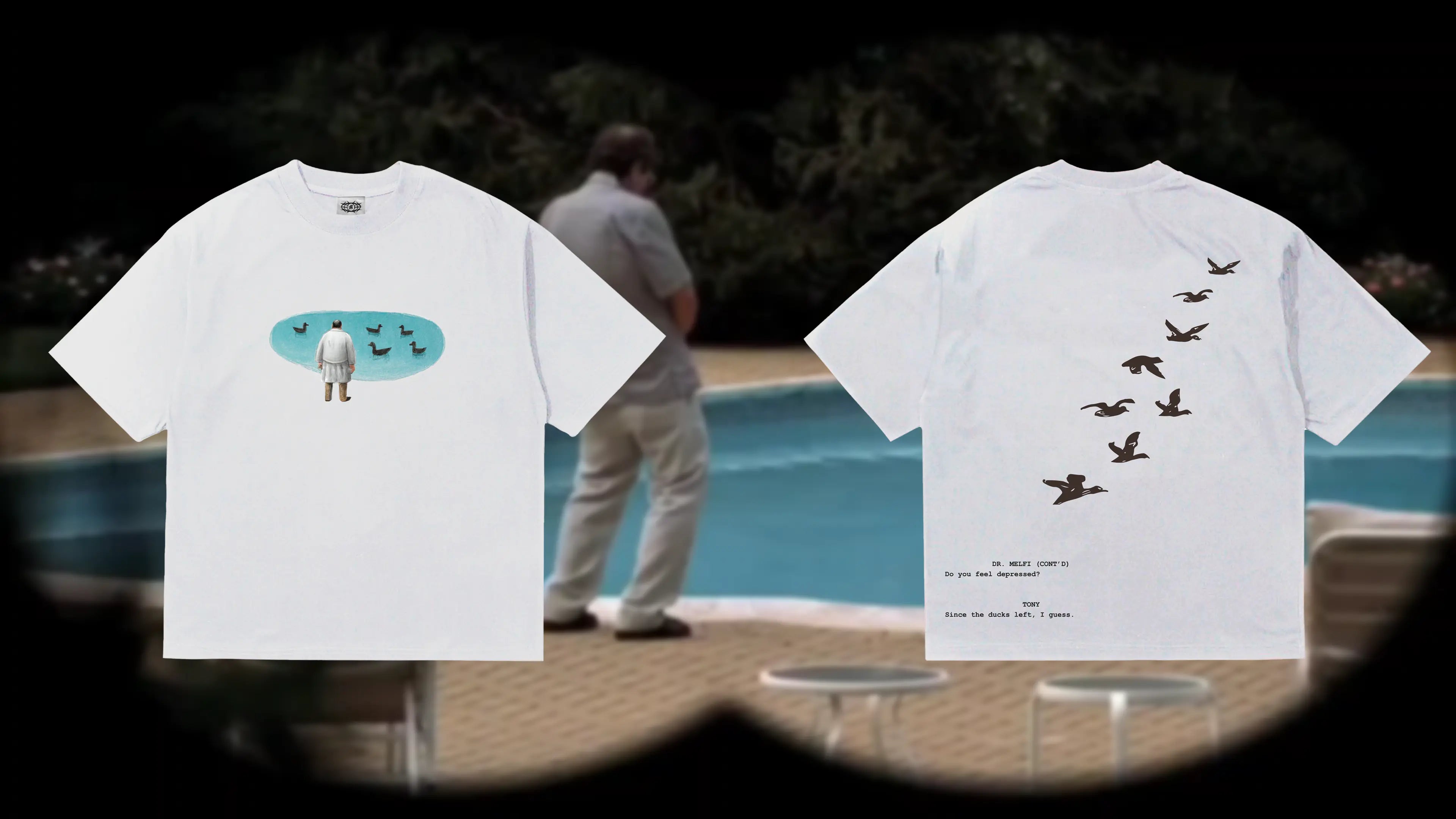 Soprano series inspired T-shirt front and back with a graphic design and text 'do you feel depressed?' regarding the famous scene where Tony Soprano looks at the ducks displayed against a scenic background.