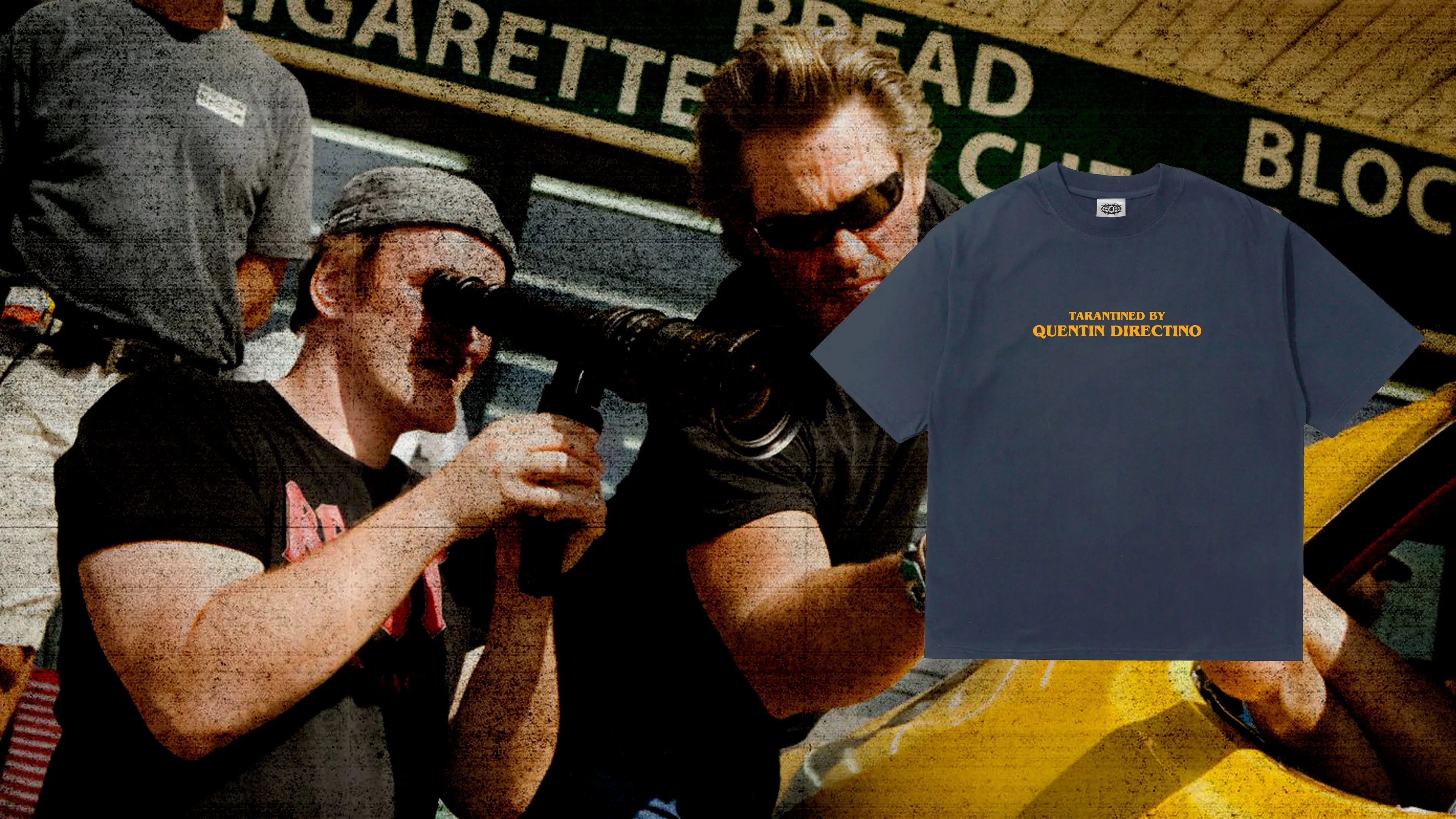 Quentin Tarantino director inspired T-shirt front graphic design and text 'Tarantined by Quentin Directino' against a scenic background where we can see Quentin Tarantino directing. 