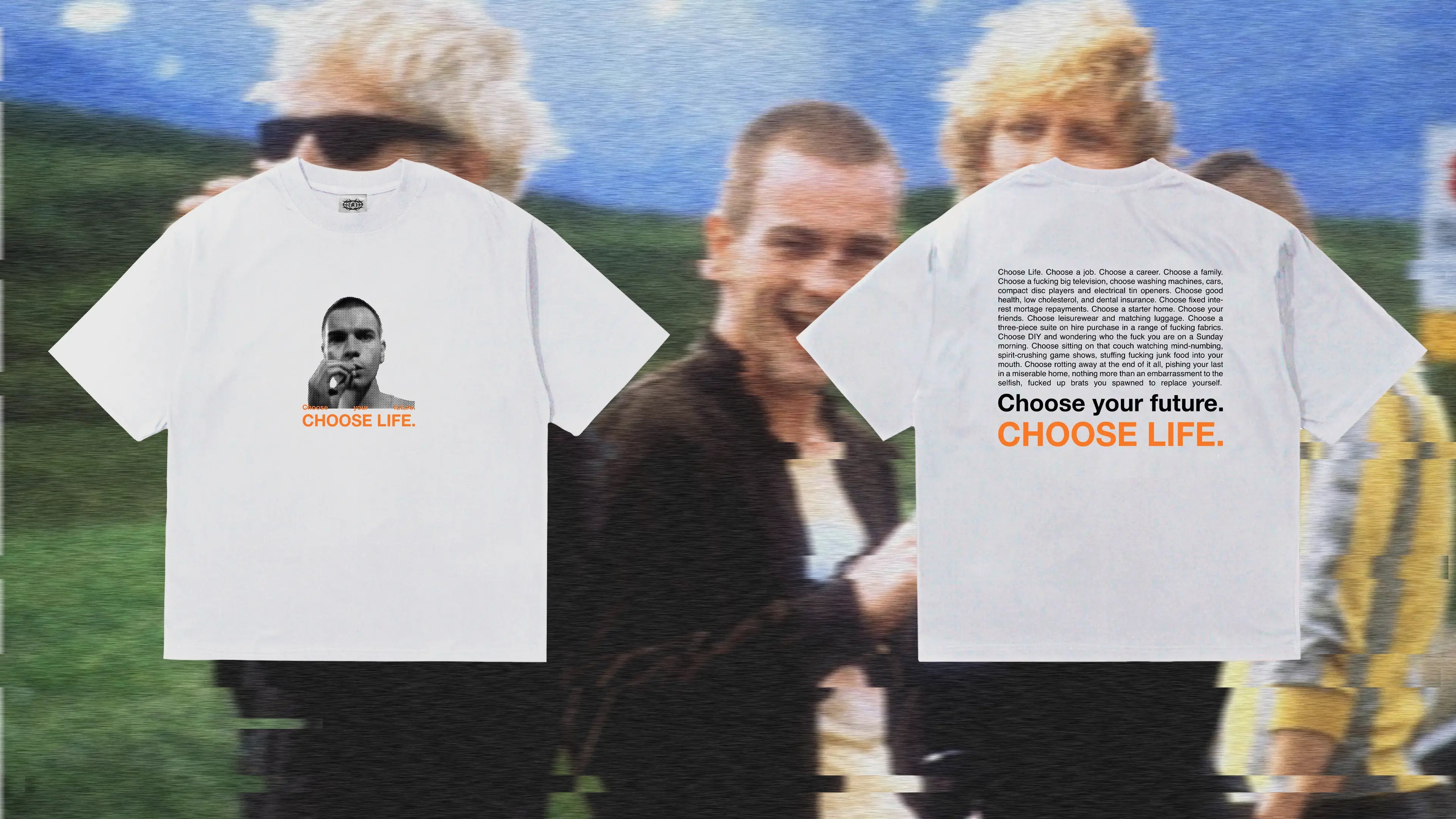 Train spotting Movie  inspired T-shirts with a graphic design and text 'Choose your future. Choose Life.' displayed against a scenic background.
