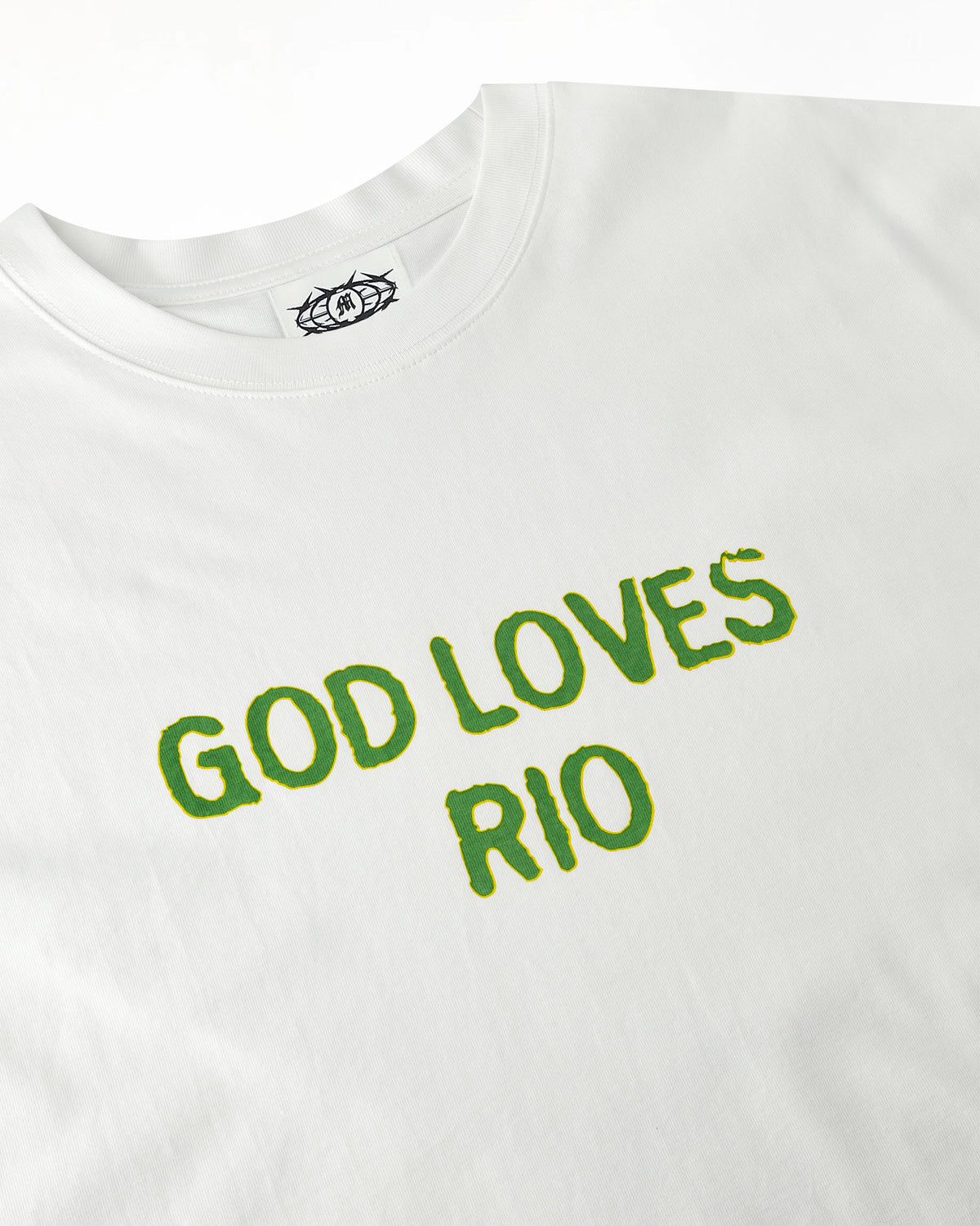 God Loves Rio tee, print close-up